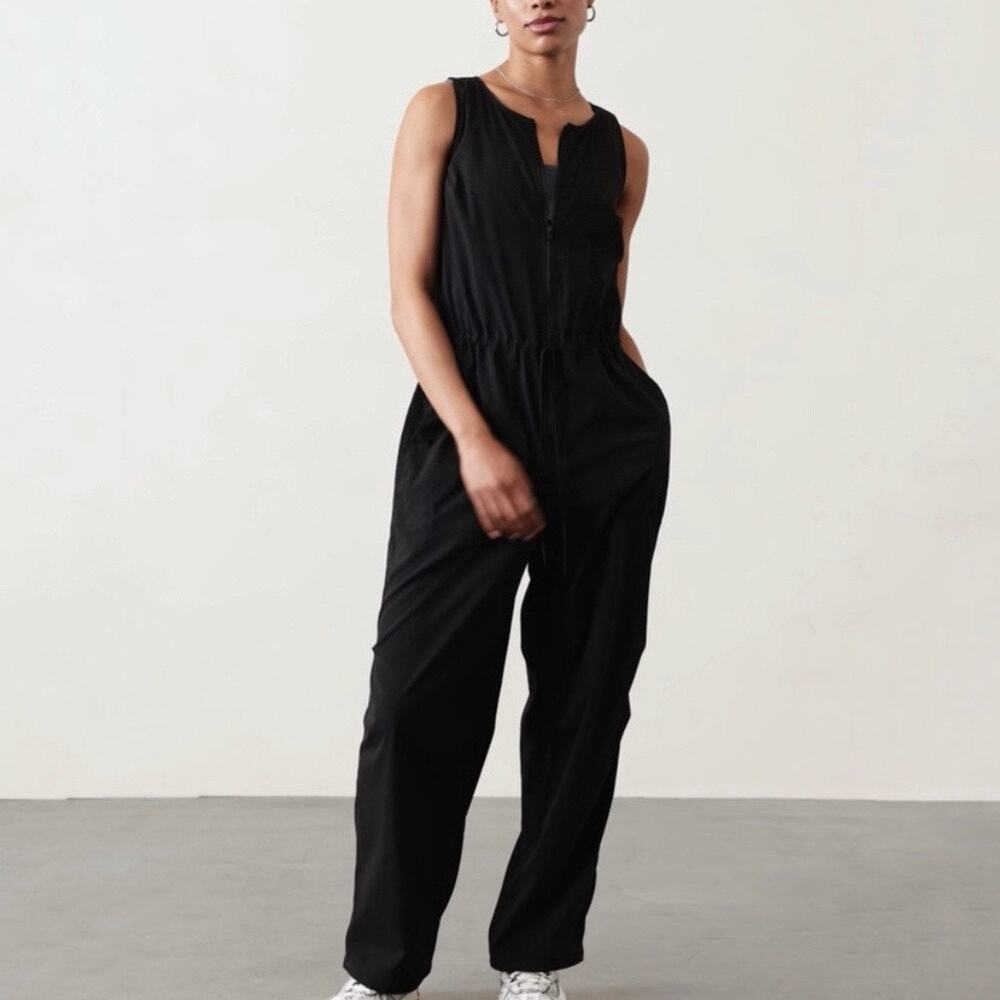 ATHLETA Black Flex Zip Front Drawstring Jumpsuit Sz S